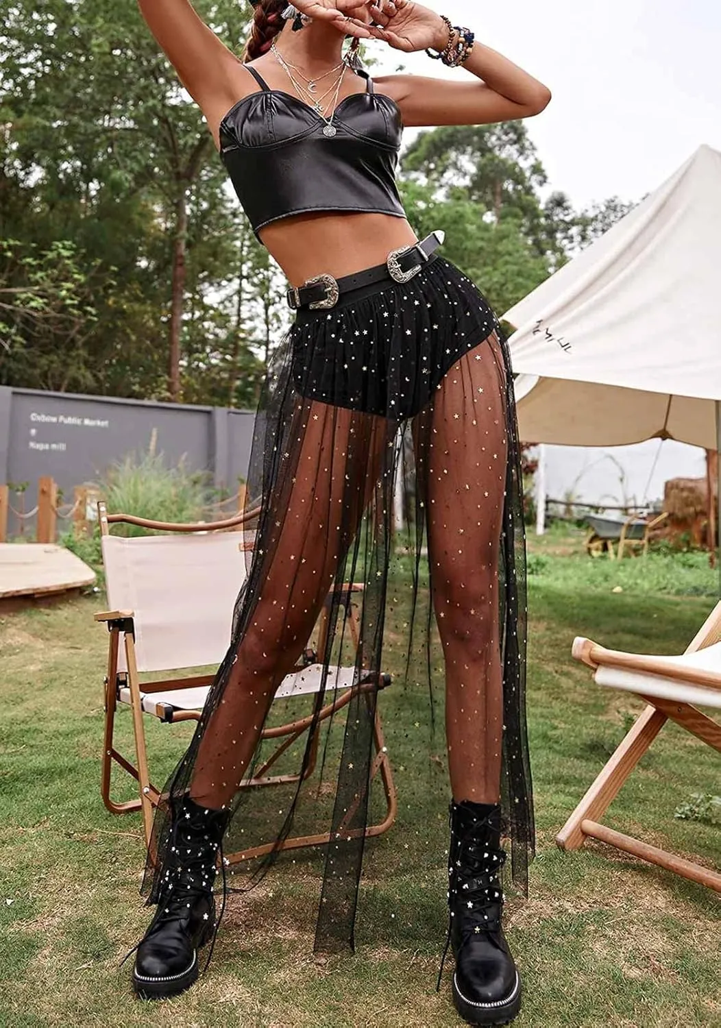 Rave Outfits for Women 2 in 1 Sheer Skirt Festival Clubwear Mesh High Waist Print A Line Maxi Skirt