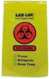 Reclosable 3-Wall Specimen Transfer Bag (Biohazard), 6" x 9", Yellow Tint, Pkg Qty 1000