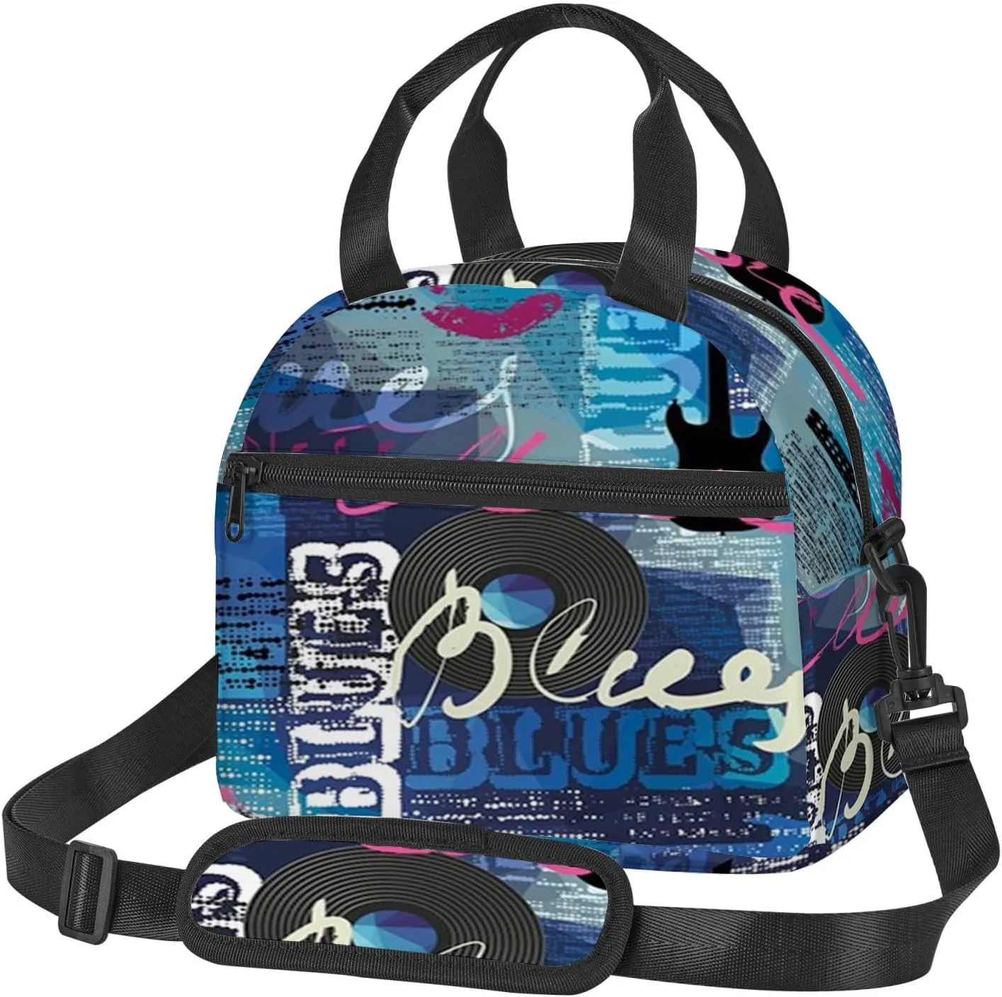 Record,Insulated Reusable Lunch Bag with Adjustable Shoulder Strap for Adults,Blues Genre Elements Guitar,Leakproof Office Picnic Hiking Beach Tote Bag,Blue,9x5x7.8in