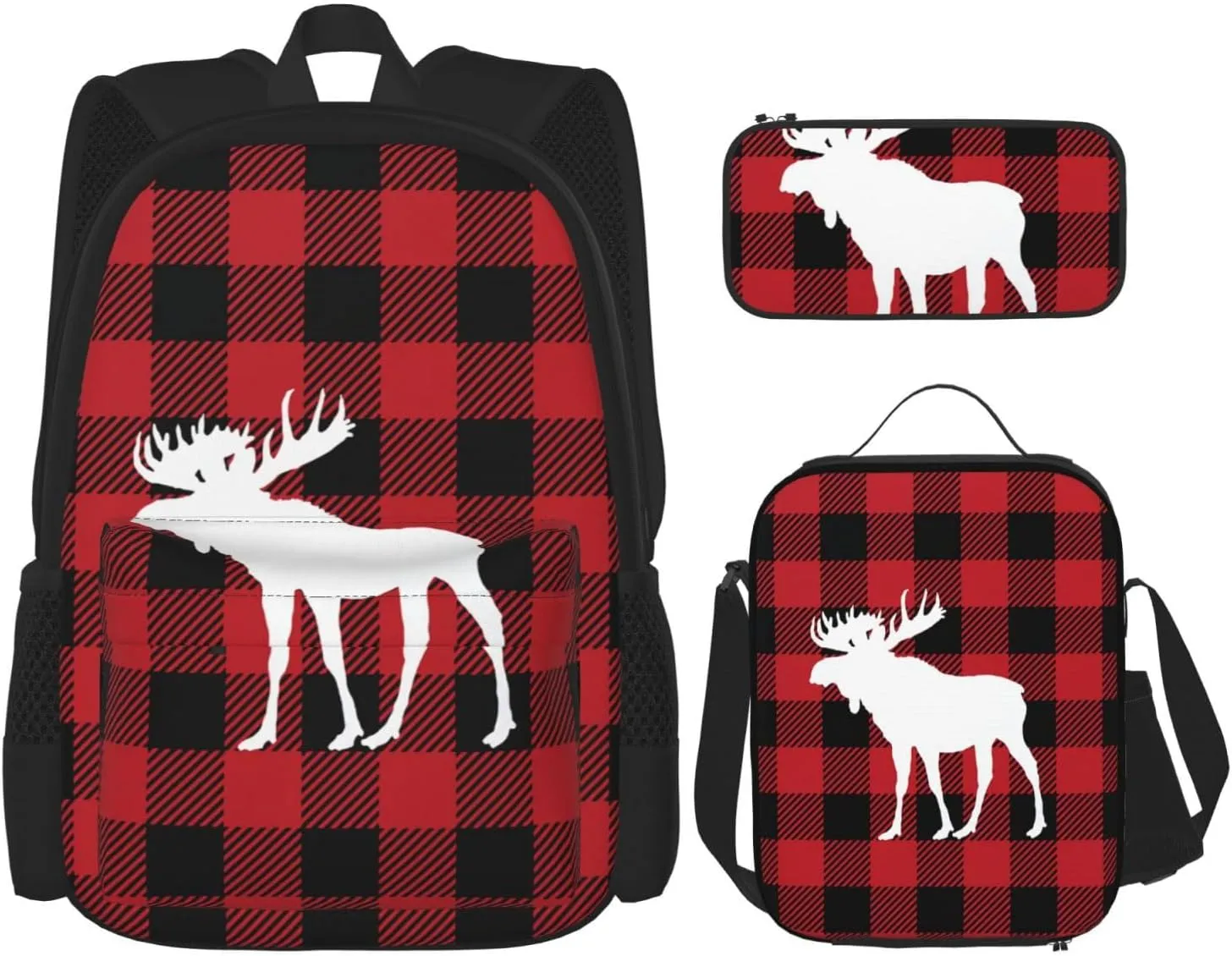 Red Buffalo Check Plaid Moose Deer Multifunctional Pocket Backpack Crossbody Lunch Bag Pencil Case 3Pcs Set Large Capacity Backpack