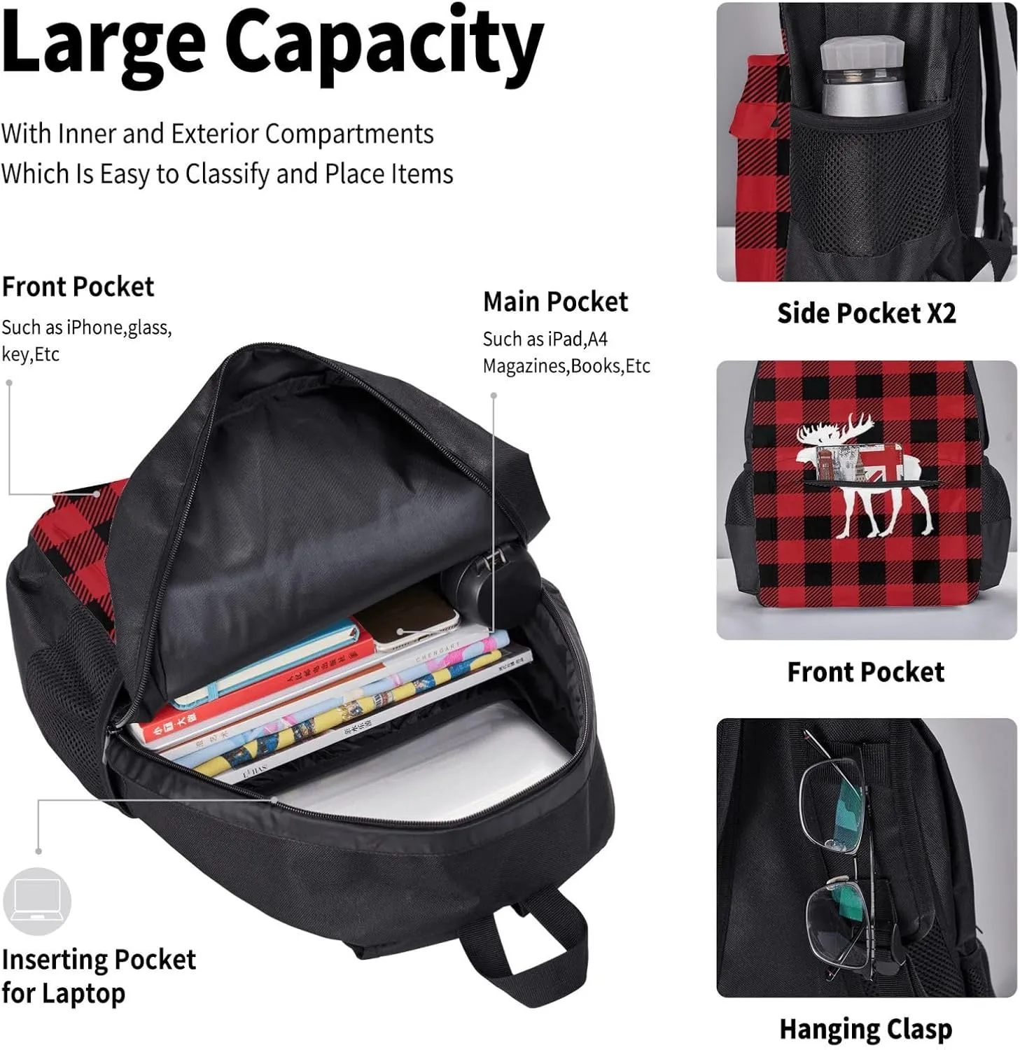 Red Buffalo Check Plaid Moose Deer Multifunctional Pocket Backpack Crossbody Lunch Bag Pencil Case 3Pcs Set Large Capacity Backpack