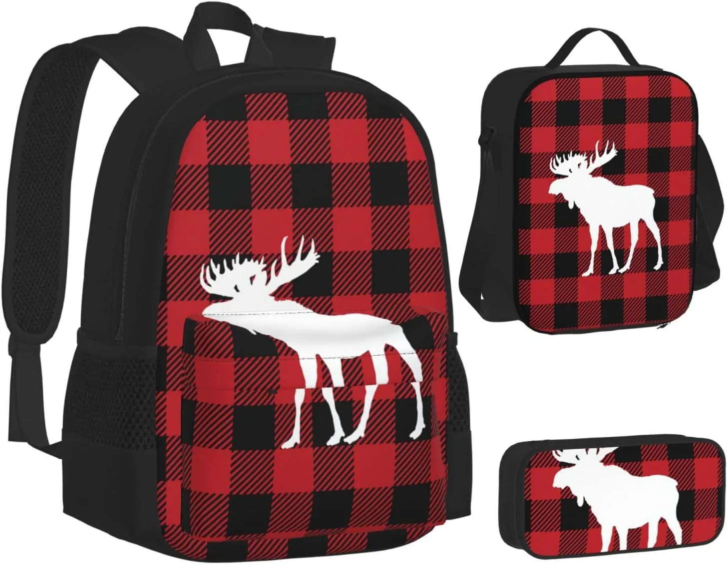 Red Buffalo Check Plaid Moose Deer Multifunctional Pocket Backpack Crossbody Lunch Bag Pencil Case 3Pcs Set Large Capacity Backpack