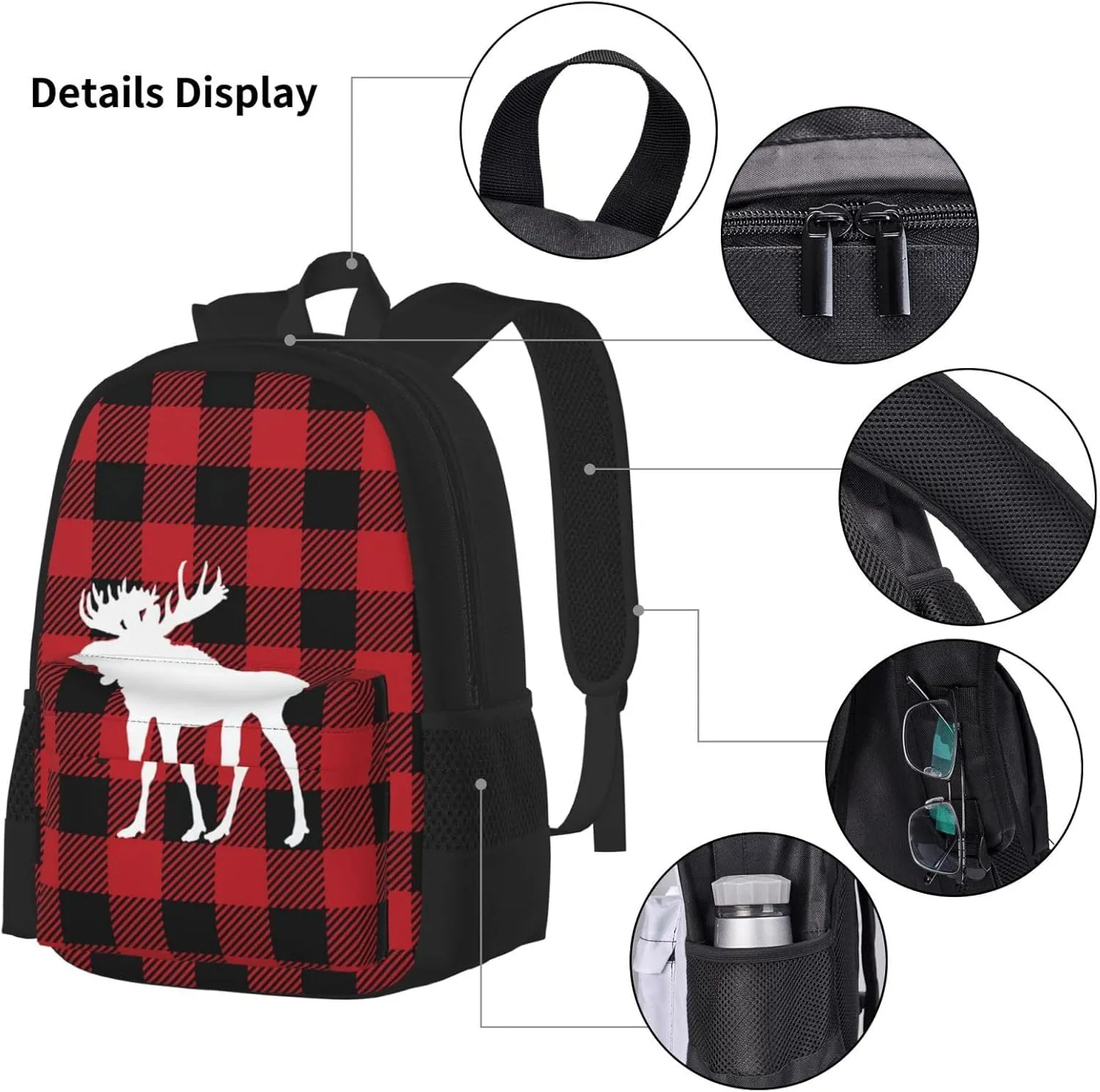 Red Buffalo Check Plaid Moose Deer Multifunctional Pocket Backpack Crossbody Lunch Bag Pencil Case 3Pcs Set Large Capacity Backpack