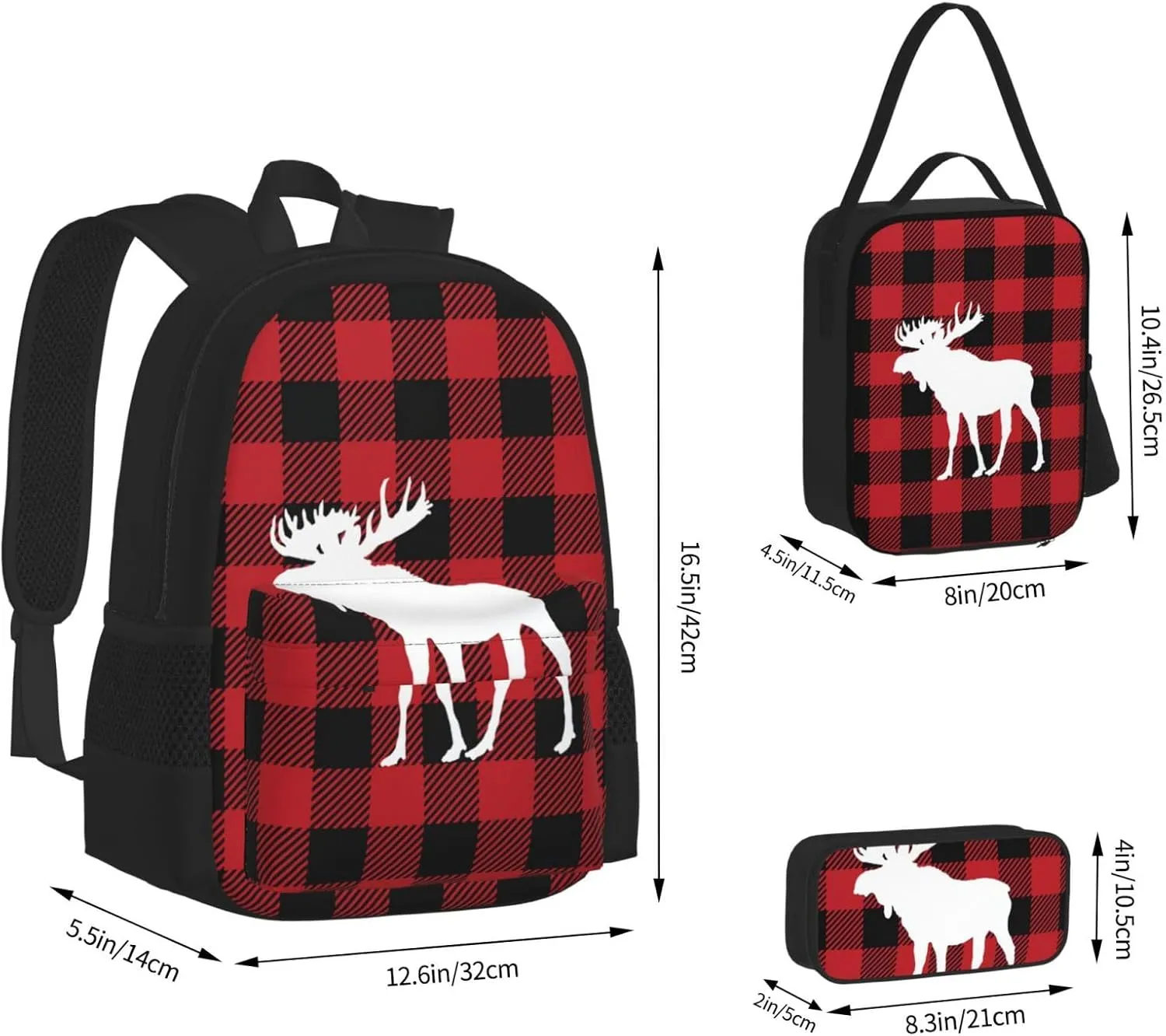 Red Buffalo Check Plaid Moose Deer Multifunctional Pocket Backpack Crossbody Lunch Bag Pencil Case 3Pcs Set Large Capacity Backpack