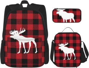 Red Buffalo Check Plaid Moose Deer Multifunctional Pocket Backpack Crossbody Lunch Bag Pencil Case 3Pcs Set Large Capacity Backpack
