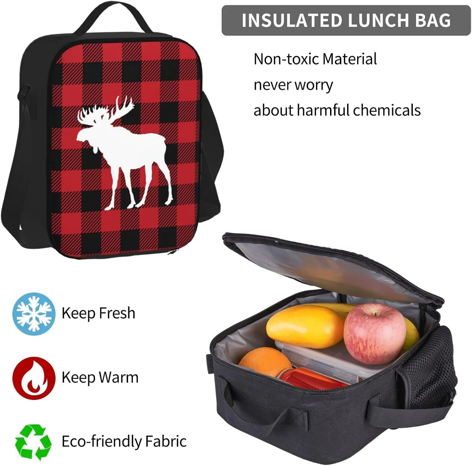 Red Buffalo Check Plaid Moose Deer Multifunctional Pocket Backpack Crossbody Lunch Bag Pencil Case 3Pcs Set Large Capacity Backpack