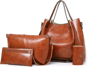 Retro Bucket Tote Bag Women Handbag 4 Pcs Set Shoulder Cross-Body Bag Ladies Waterproof PU Leather