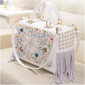 Rhinestone Bags Women's Handbag Leather Tassel Rhinestone Large Capacity Female Shoulder Crossbody Bags