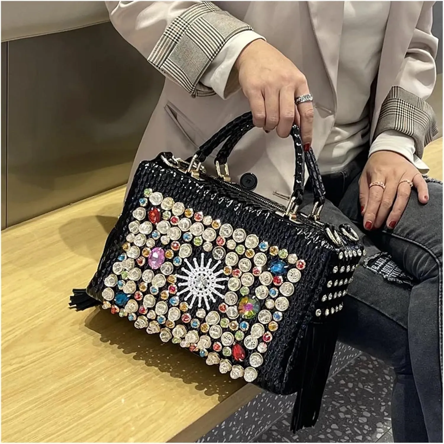 Rhinestone Bags Women's Handbag Leather Tassel Rhinestone Large Capacity Female Shoulder Crossbody Bags