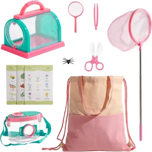 ROBOTIME Kids Explorer Kit & Bug Catcher Kit for Kids, 10PCS Outdoor Bug Catching Kit with Magnifying Glass & Net, Adventure Set for Backyard & Camping, Fun Gift for Girls 3-12 (Pink)