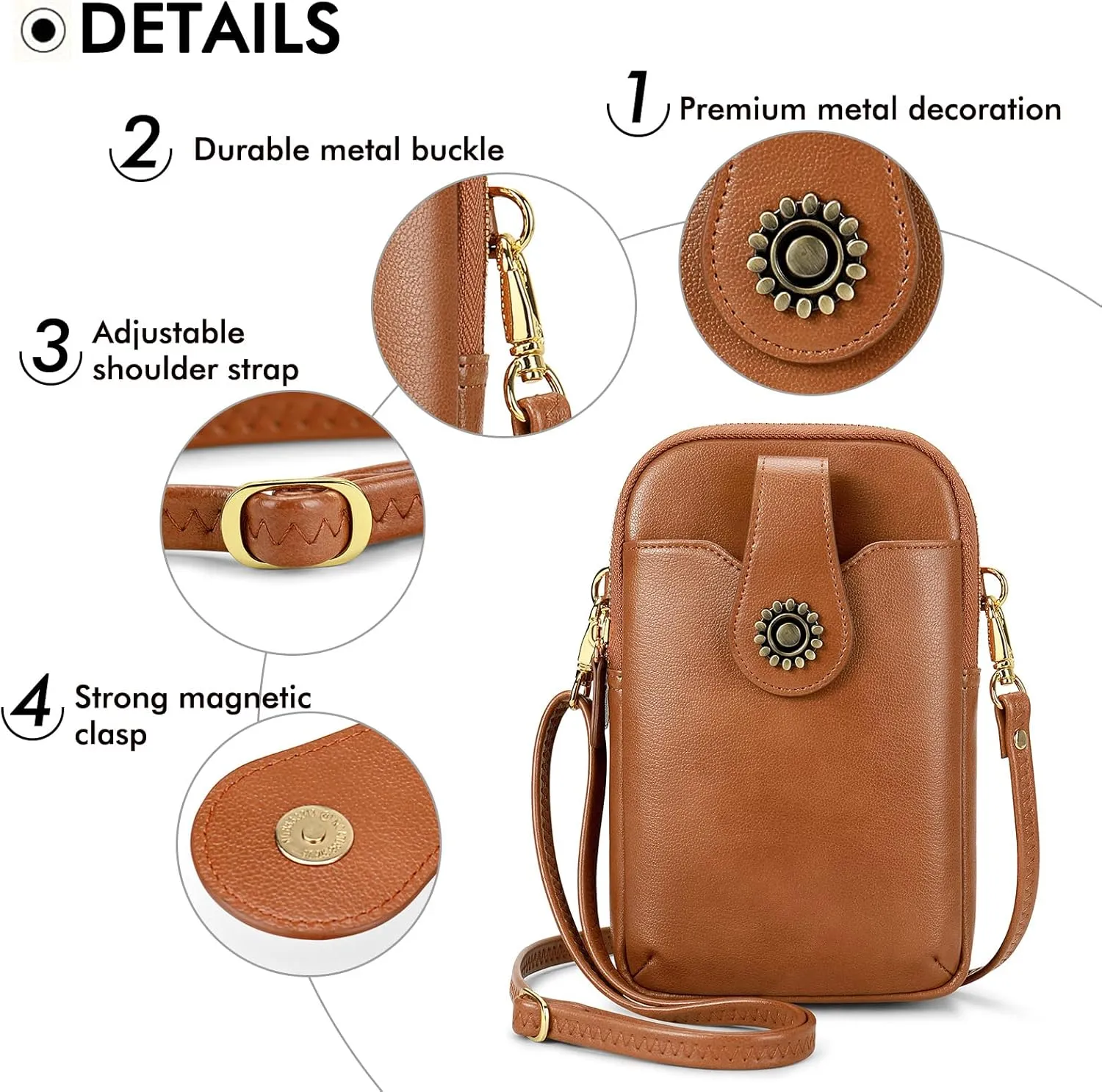 RONSIN Leather Small Crossbody Purse for Women Cell Phone Bag Holder Wallet Purse Travel Pouch Adjustable Strap