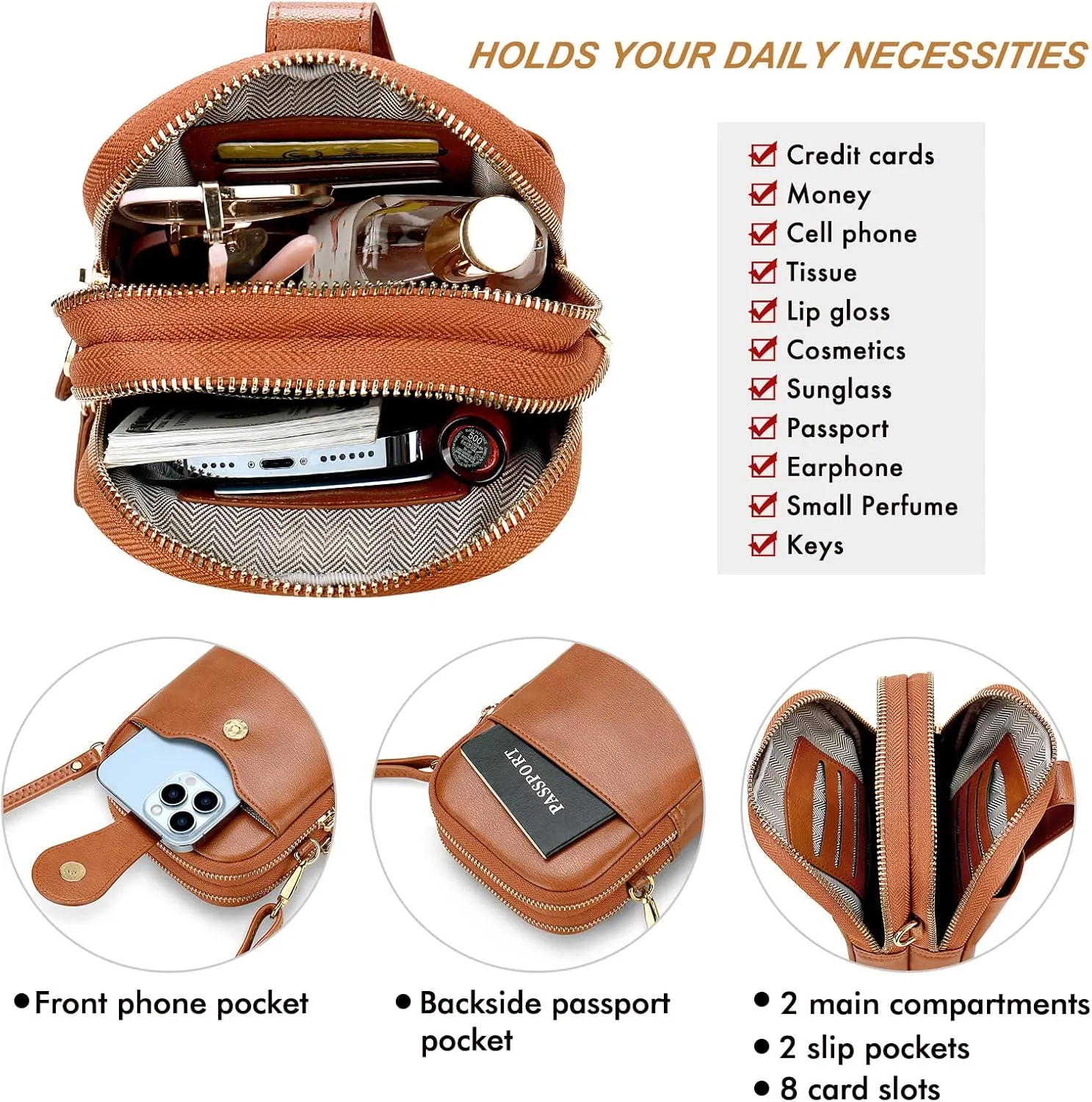 RONSIN Leather Small Crossbody Purse for Women Cell Phone Bag Holder Wallet Purse Travel Pouch Adjustable Strap