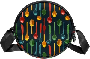 Round Crossbody Purse for Women, Shoulder Bag, Forks and knives Seamless