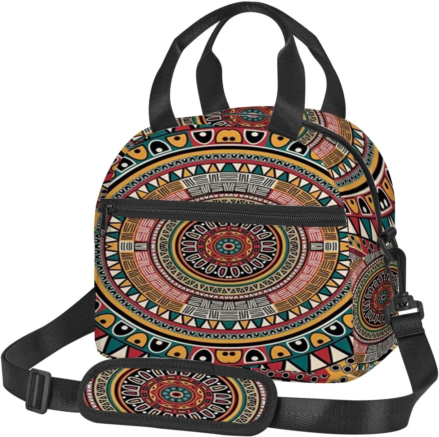Round Pattern,Insulated Reusable Lunch Bag with Adjustable Shoulder Strap for Adults,Tribe Round Pattern Colors,Leakproof Office Picnic Hiking Beach Tote Bag,Multicolor,9x5x7.8in