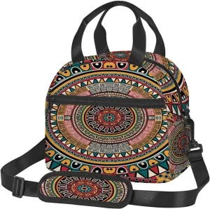 Round Pattern,Insulated Reusable Lunch Bag with Adjustable Shoulder Strap for Adults,Tribe Round Pattern Colors,Leakproof Office Picnic Hiking Beach Tote Bag,Multicolor,9x5x7.8in