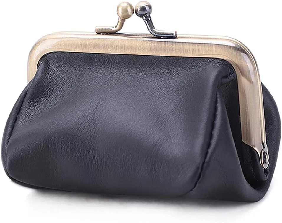 ROUROU Genuine Leather Clutch Bag for Women Kiss Lock Wallet Retro Coin Purse Coin Organizer Cute Purse