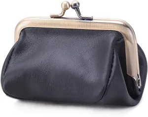 ROUROU Genuine Leather Clutch Bag for Women Kiss Lock Wallet Retro Coin Purse Coin Organizer Cute Purse