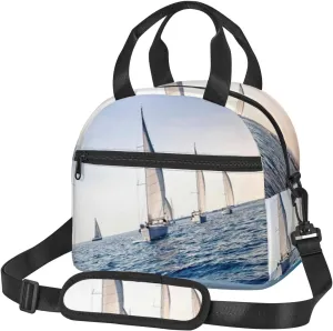 Sailing Yacht,Insulated Reusable Lunch Bag with Adjustable Shoulder Strap for Adults,Sailing Yacht with White Sails in A Row,Leakproof Office Picnic Hiking Beach Tote Bag,Multicolor,9x5x7.8in