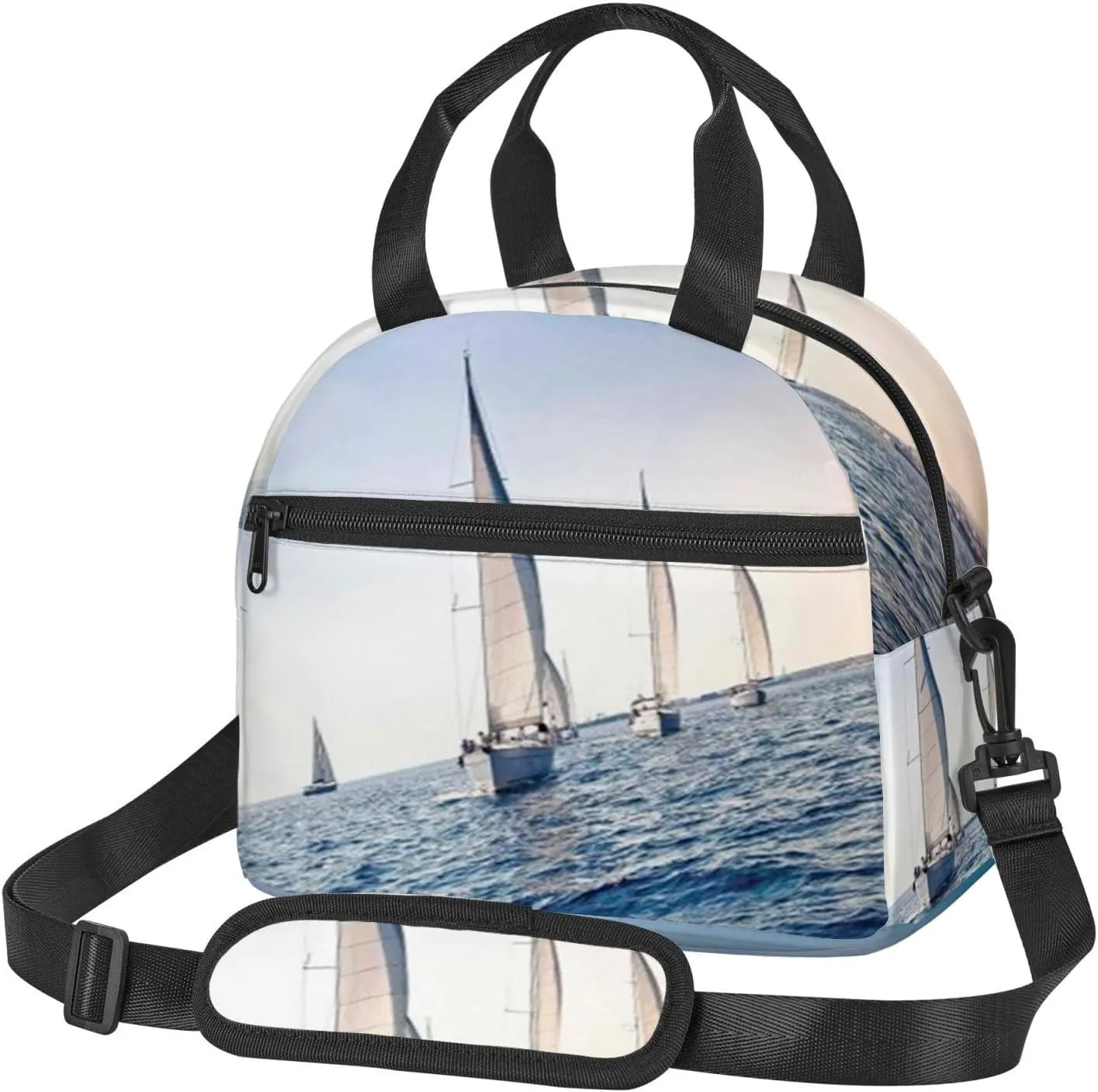 Sailing Yacht,Insulated Reusable Lunch Bag with Adjustable Shoulder Strap for Adults,Sailing Yacht with White Sails in A Row,Leakproof Office Picnic Hiking Beach Tote Bag,Multicolor,9x5x7.8in