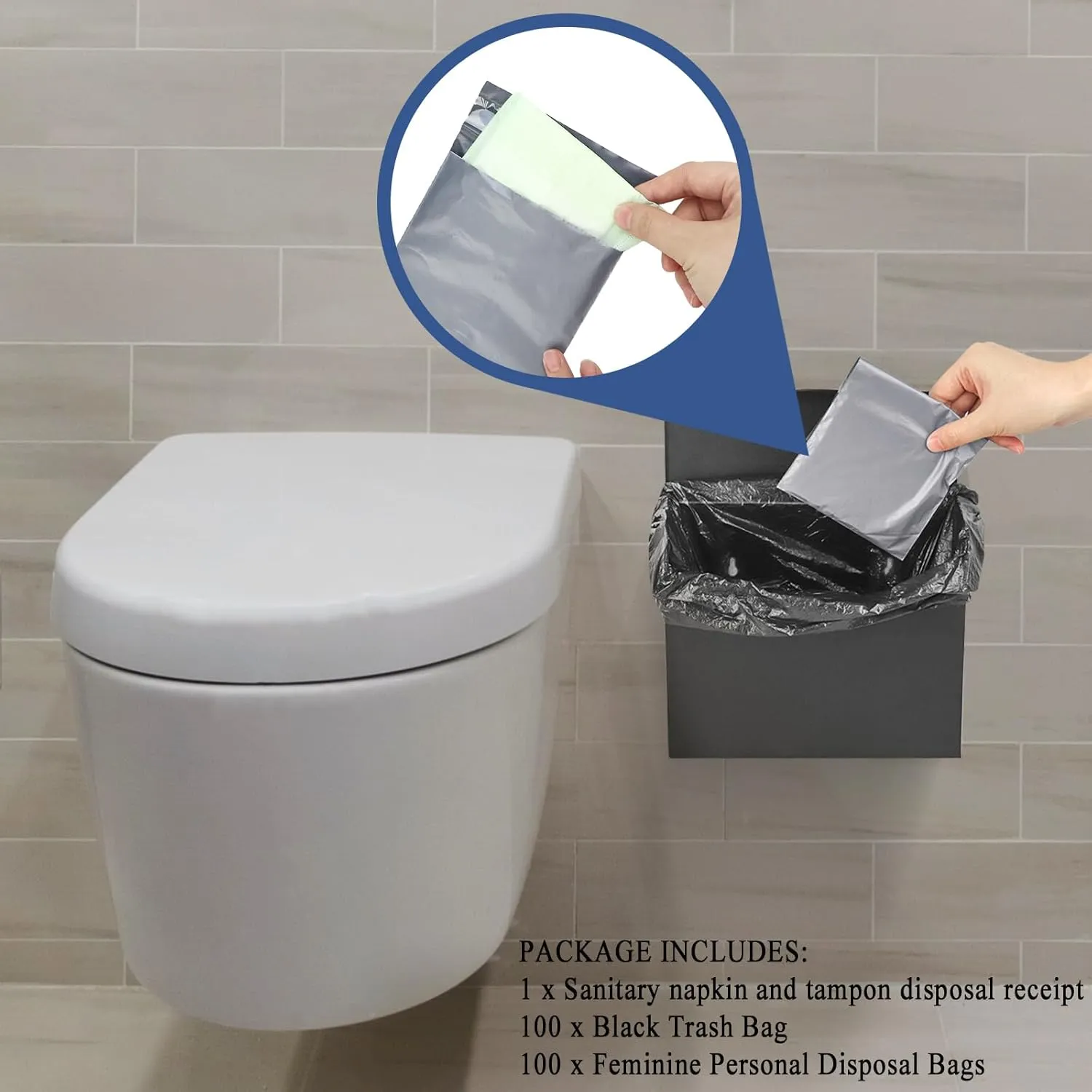Sanitary Napkin Disposal Receptacle with Hygiene Disposal Bags and Trash Bag,9.4x7.8x3.5 inches Stainless Steel Wall Mounted Feminine Hygiene Disposal Trash Can Bin for Bathroom,Office (Black)