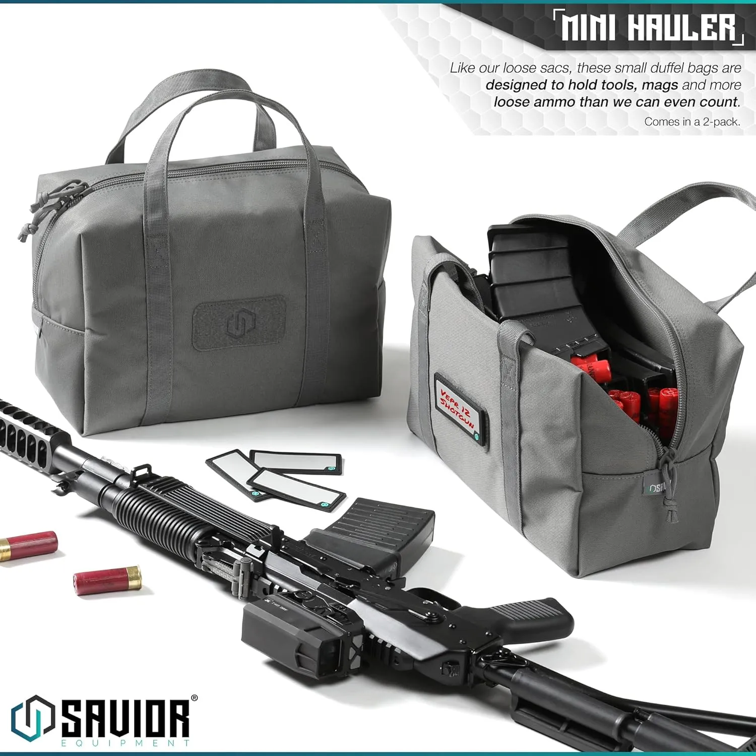 Savior Equipment Mini Hauler Tactical Ammo Duffle Bag Firearm Ammunition Loose Sac Carrier EDC Pouch, ID Patches Included, Rifle Carbine Pistol Revolver Ammos Soft Case Hunting Shooting Range Gear