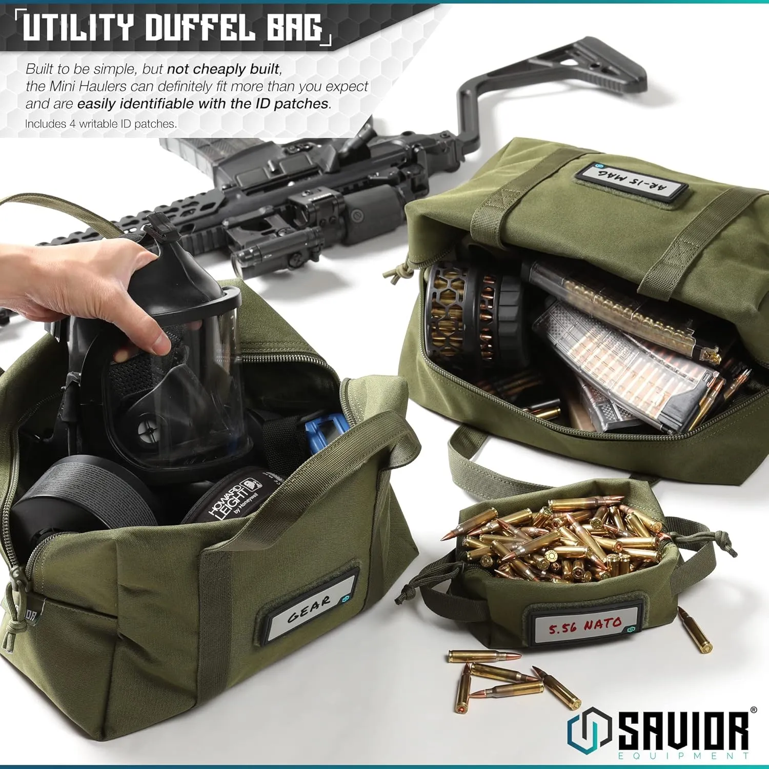 Savior Equipment Mini Hauler Tactical Ammo Duffle Bag Firearm Ammunition Loose Sac Carrier EDC Pouch, ID Patches Included, Rifle Carbine Pistol Revolver Ammos Soft Case Hunting Shooting Range Gear