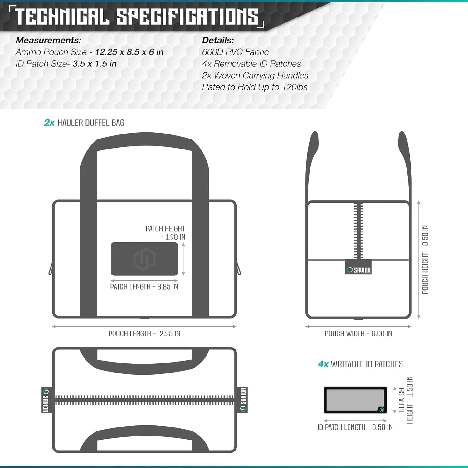 Savior Equipment Mini Hauler Tactical Ammo Duffle Bag Firearm Ammunition Loose Sac Carrier EDC Pouch, ID Patches Included, Rifle Carbine Pistol Revolver Ammos Soft Case Hunting Shooting Range Gear