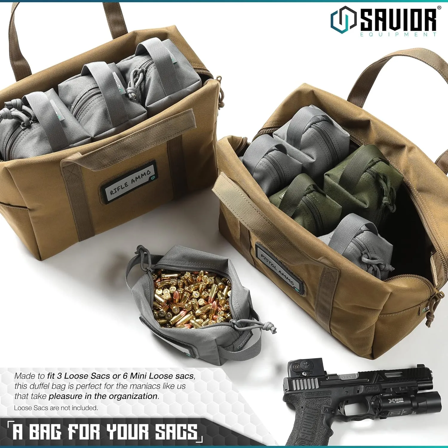 Savior Equipment Mini Hauler Tactical Ammo Duffle Bag Firearm Ammunition Loose Sac Carrier EDC Pouch, ID Patches Included, Rifle Carbine Pistol Revolver Ammos Soft Case Hunting Shooting Range Gear