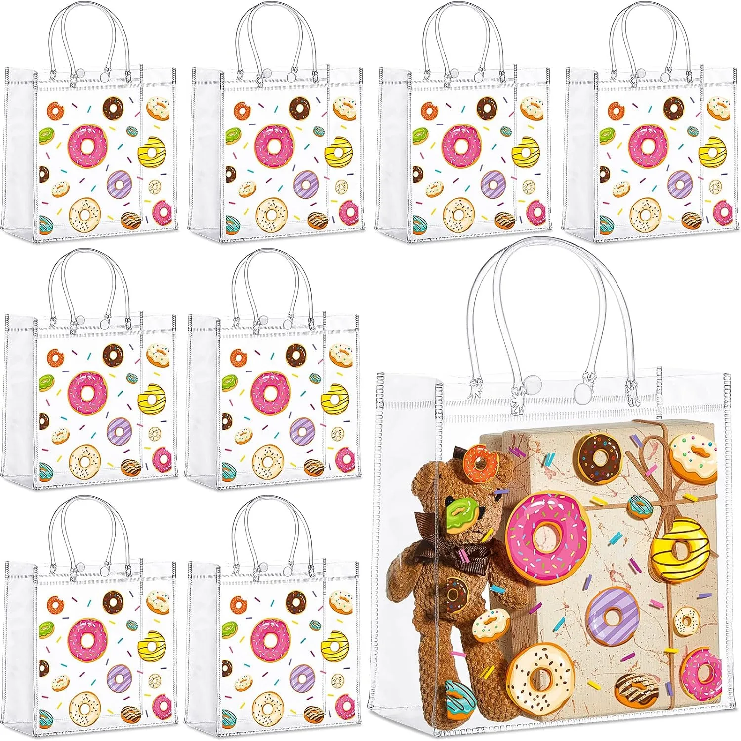 Saypacck 24 Pcs Large Donut Gift Bags Plastic Clear Gift Bags with Handles 8 x 8 x 3.1 Inches Donut Party Favor PVC Shopping Handbags Candy Themed Goodie Holder for Sweet One Party Supplies Birthday