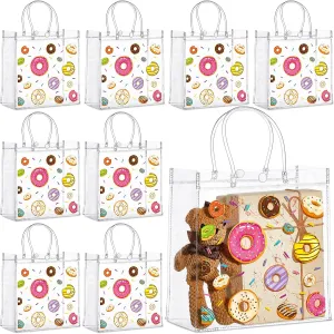 Saypacck 24 Pcs Large Donut Gift Bags Plastic Clear Gift Bags with Handles 8 x 8 x 3.1 Inches Donut Party Favor PVC Shopping Handbags Candy Themed Goodie Holder for Sweet One Party Supplies Birthday