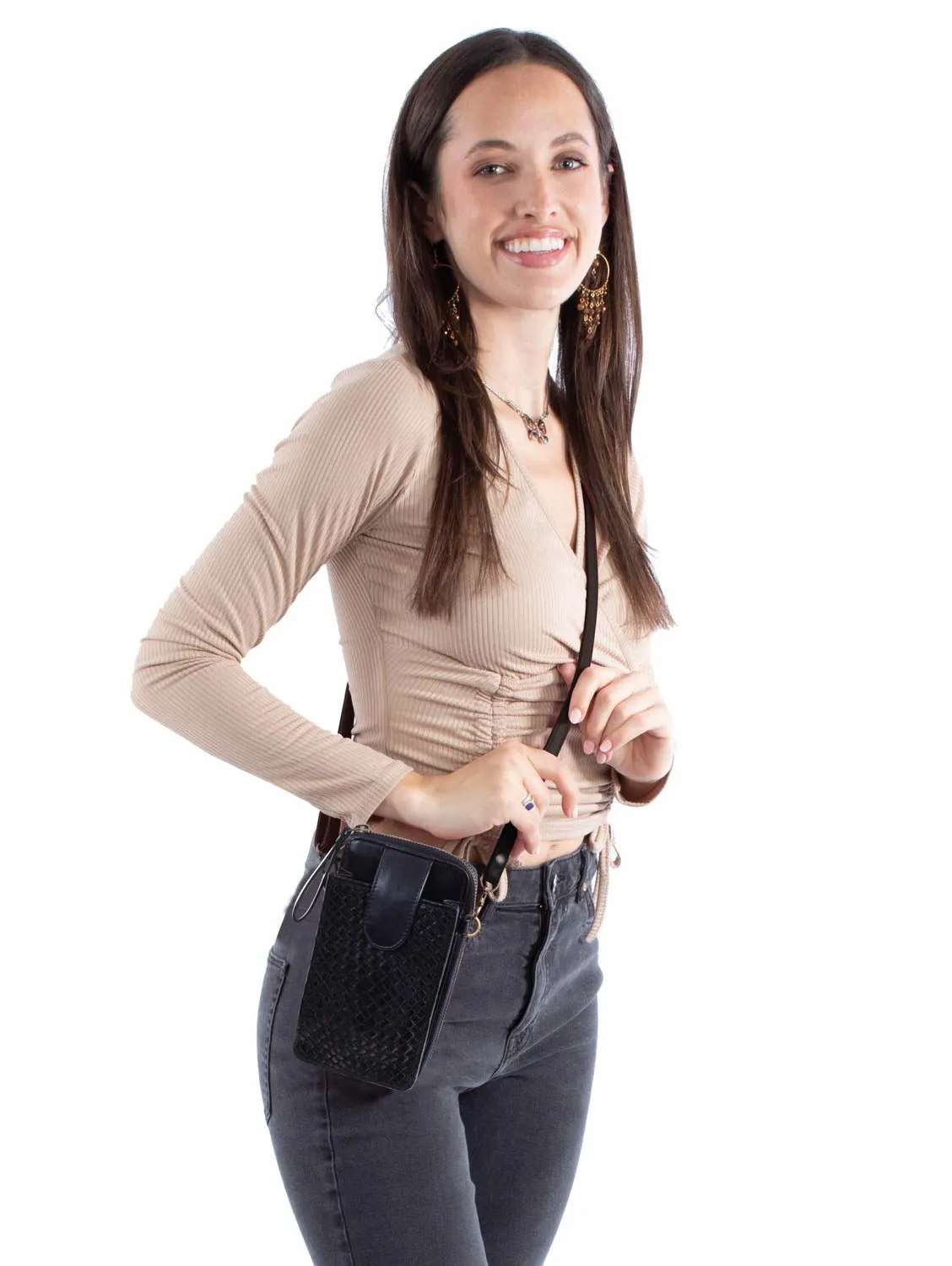 Scully Womens Small Woven Essentials Black Leather 4x7x1.75in Crossbody Bag