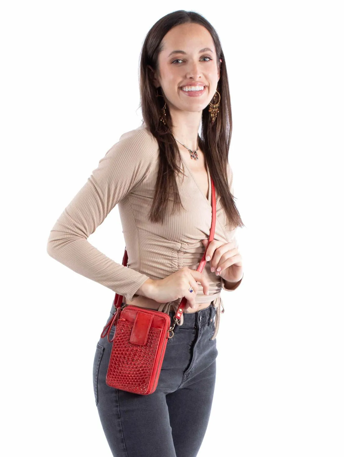 Scully Womens Small Woven Essentials Red Leather 4x7x1.75in Crossbody Bag