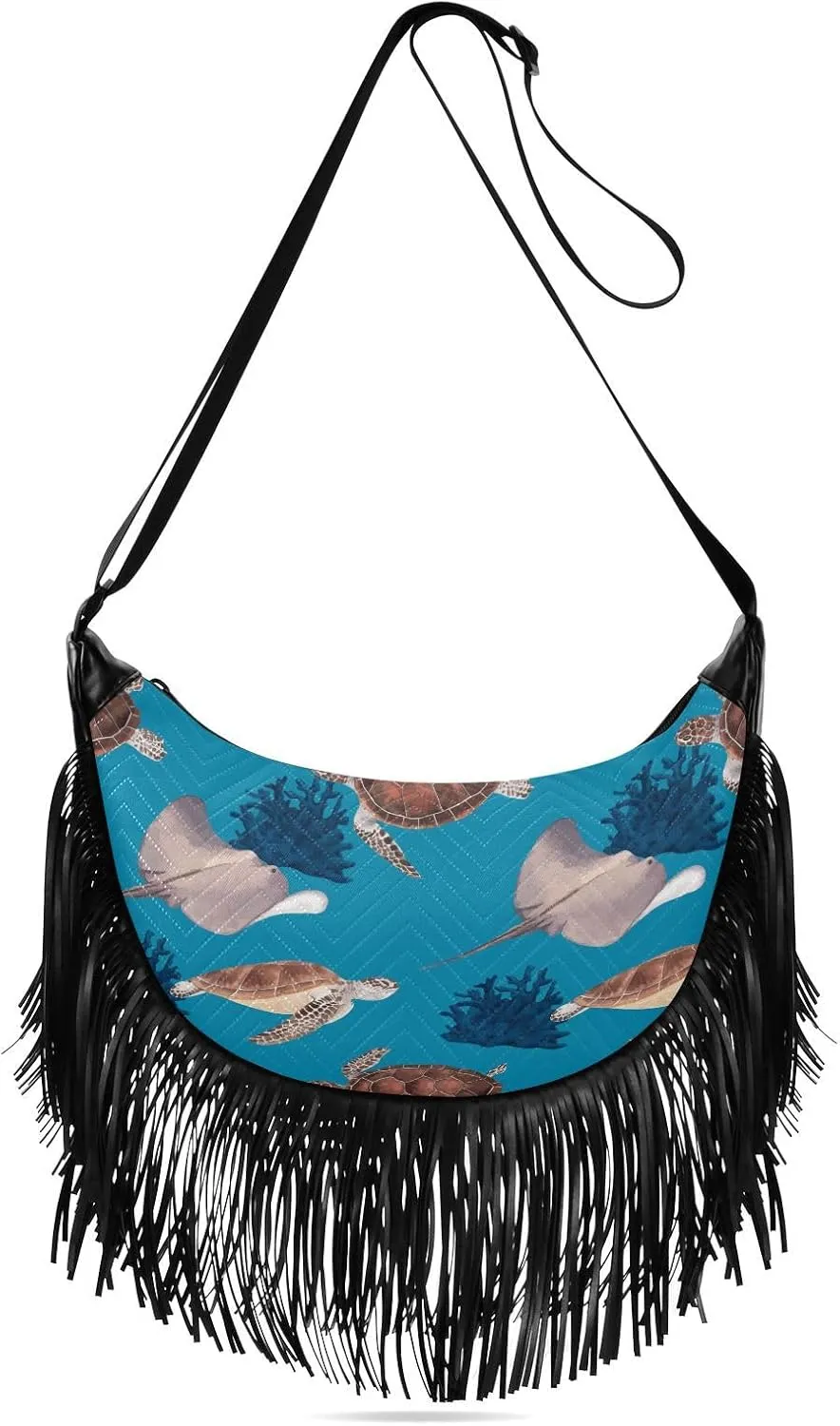 Sea-life-print Women Tassel Fringe Shoulder bag, Fringe Purse Crossbody, Women Tassel Hobo Bag with Zipper