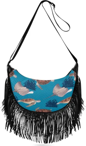 Sea-life-print Women Tassel Fringe Shoulder bag, Fringe Purse Crossbody, Women Tassel Hobo Bag with Zipper