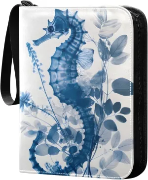 Seahorse with Floral Painting Card Binder 4 Pocket Trading Card Binder Portable Cards Collection Book with Zipper