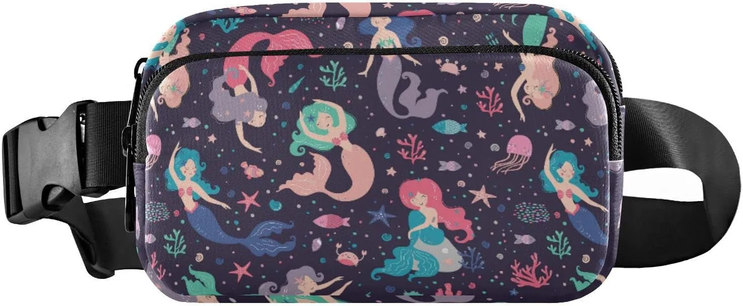 Seamless Colorful Childish Cute Swimming Mermaids Starfishes Adjustable Belt Running Bag, Crossbody Fanny Pack Waist Runners Bag Tote for Women Men Sports Hiking Fitness Exercise Gym Pouch