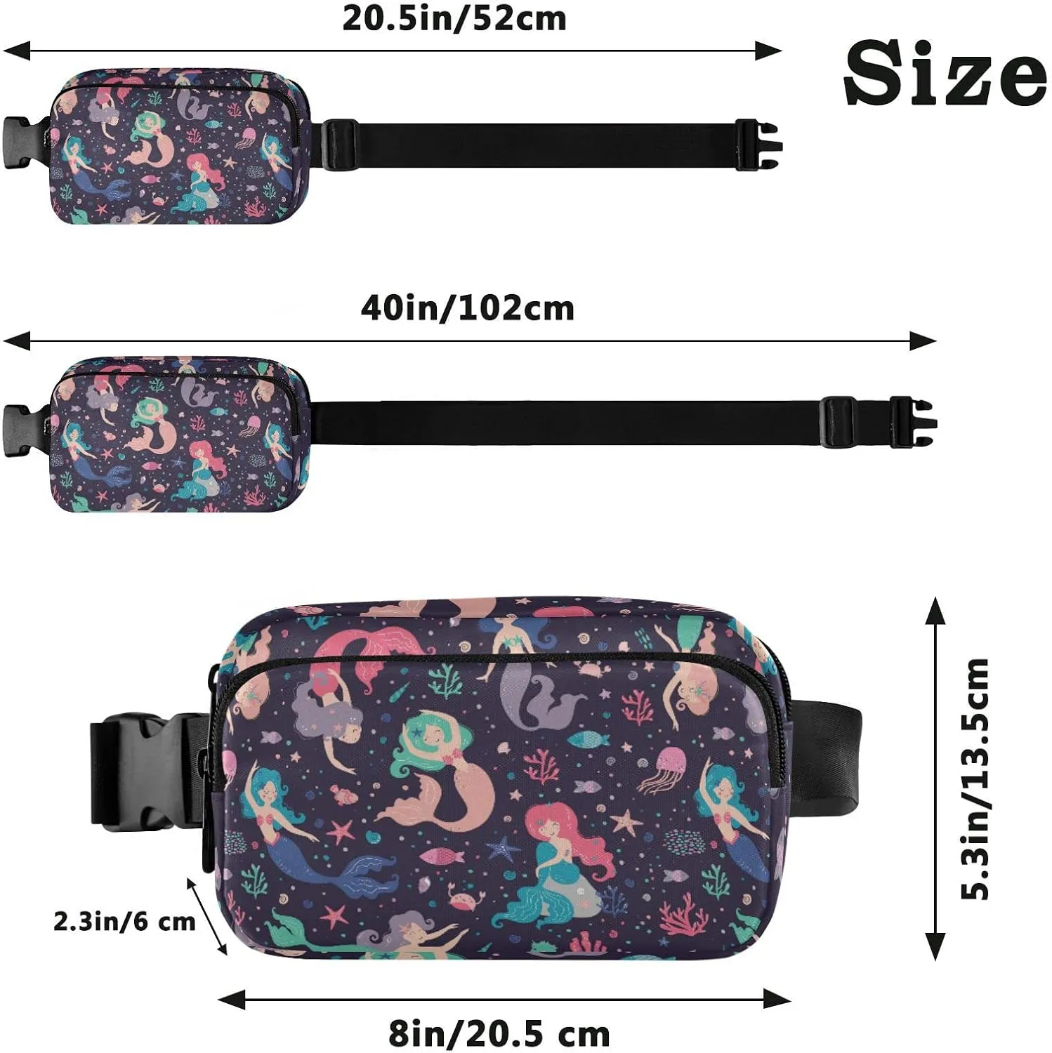 Seamless Colorful Childish Cute Swimming Mermaids Starfishes Adjustable Belt Running Bag, Crossbody Fanny Pack Waist Runners Bag Tote for Women Men Sports Hiking Fitness Exercise Gym Pouch