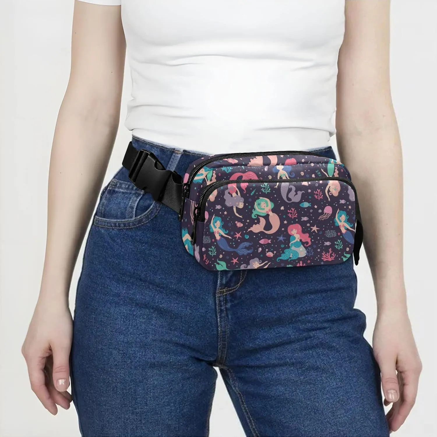 Seamless Colorful Childish Cute Swimming Mermaids Starfishes Adjustable Belt Running Bag, Crossbody Fanny Pack Waist Runners Bag Tote for Women Men Sports Hiking Fitness Exercise Gym Pouch