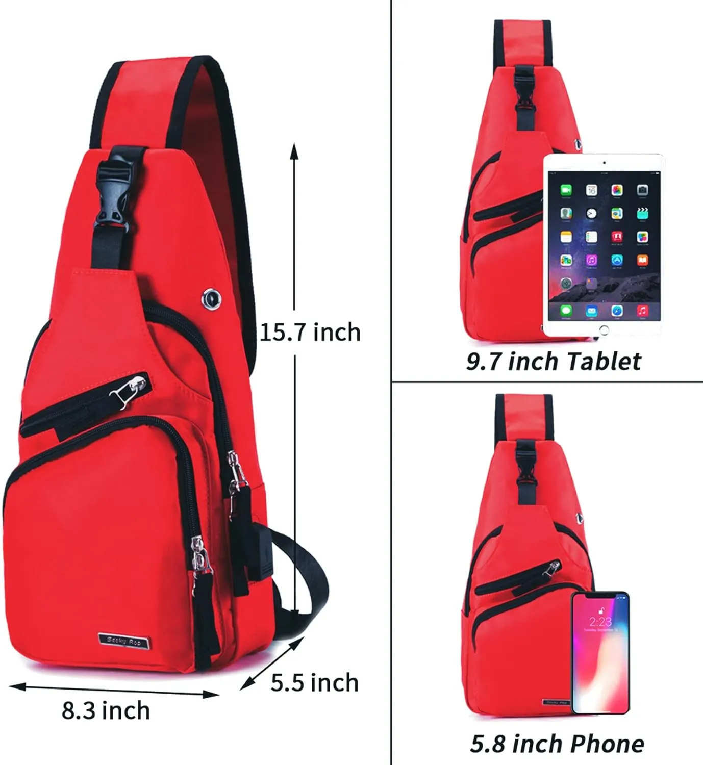 Seoky Rop Men Women Sling Backpack Nylon Water Resistant Shoulder Chest Crossbody Sling Bag with USB Charging Port