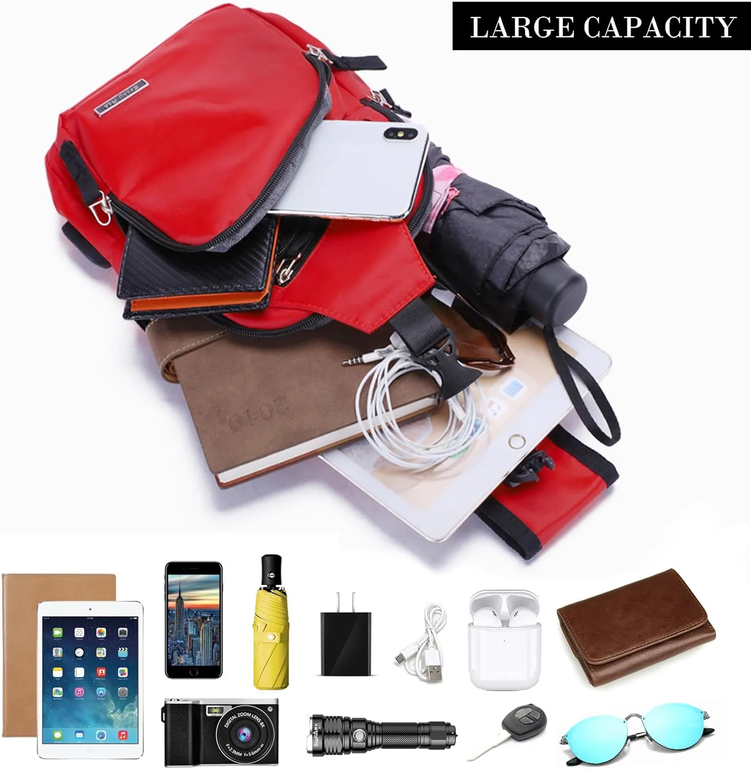 Seoky Rop Men Women Sling Backpack Nylon Water Resistant Shoulder Chest Crossbody Sling Bag with USB Charging Port