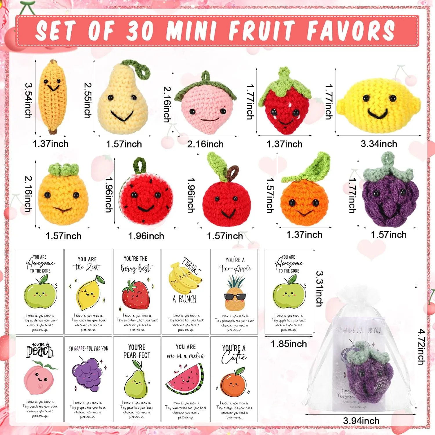 Shappy 10 Sets Inspirational Positive Fruit Toy Gift Cute Funny Wool Knitted Fruit Mini Employee Appreciation Gift Motivational Pun Card Organza Bag Classroom Team Graduation Party Favor for Student