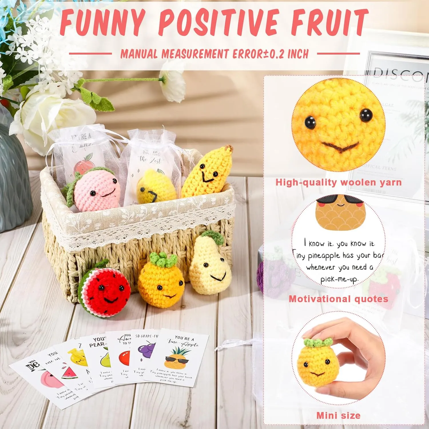 Shappy 10 Sets Inspirational Positive Fruit Toy Gift Cute Funny Wool Knitted Fruit Mini Employee Appreciation Gift Motivational Pun Card Organza Bag Classroom Team Graduation Party Favor for Student