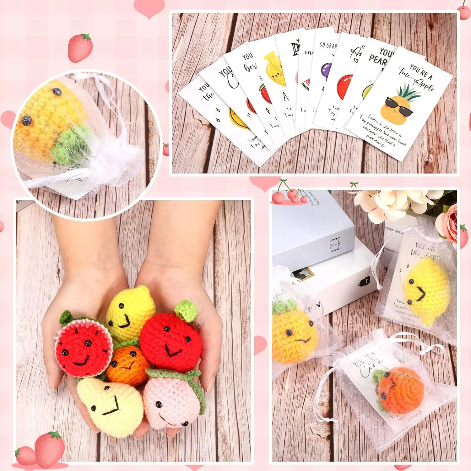 Shappy 10 Sets Inspirational Positive Fruit Toy Gift Cute Funny Wool Knitted Fruit Mini Employee Appreciation Gift Motivational Pun Card Organza Bag Classroom Team Graduation Party Favor for Student