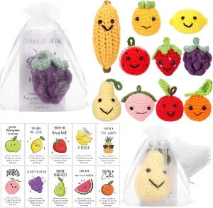 Shappy 10 Sets Inspirational Positive Fruit Toy Gift Cute Funny Wool Knitted Fruit Mini Employee Appreciation Gift Motivational Pun Card Organza Bag Classroom Team Graduation Party Favor for Student