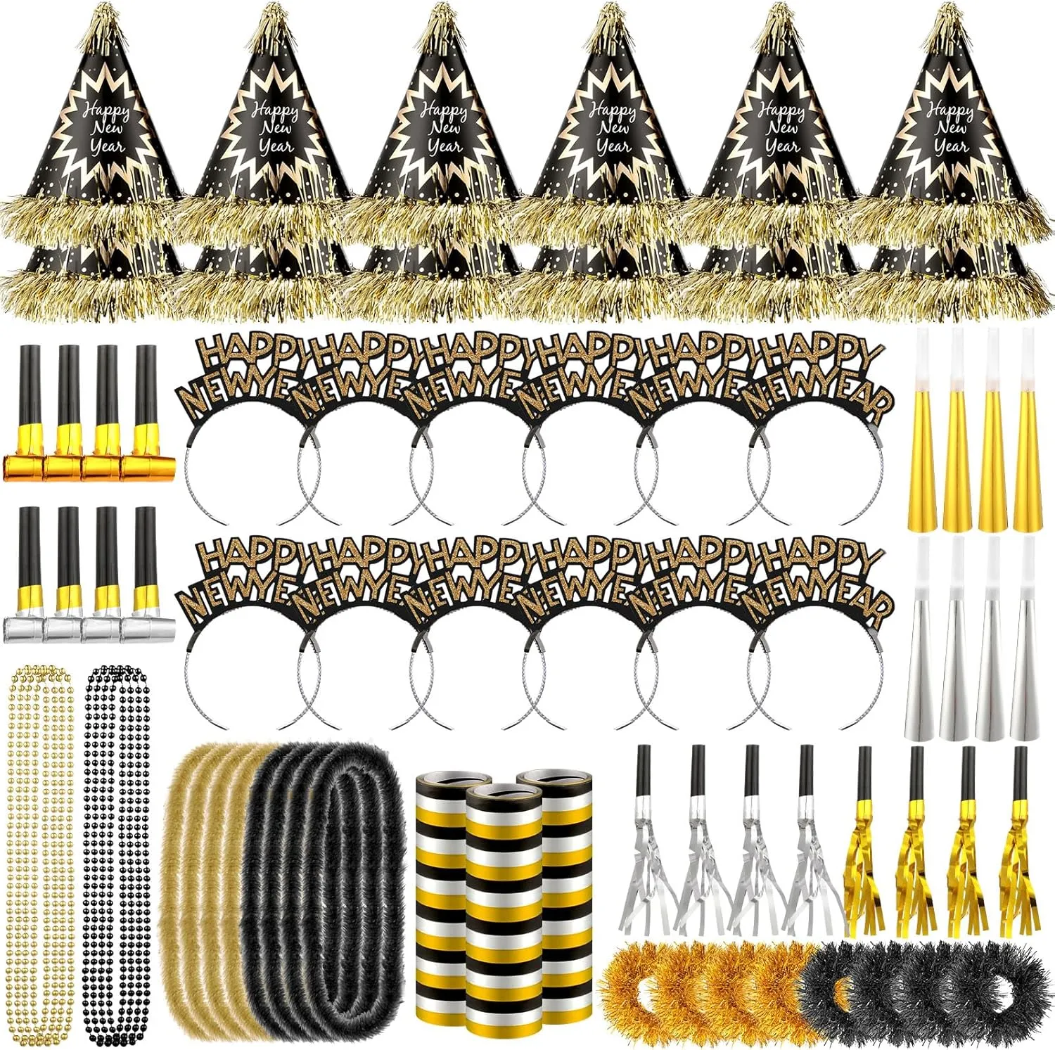 Shappy 102 Pcs New Year's Eve Party Supplies 2025 Party Favors for 24 Guest, Include Happy New Year Top Hats Headband Tiara Blowing Horns Gold Silver Noisemakers Necklaces Wristbands Aluminum Film