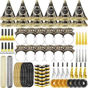 Shappy 102 Pcs New Year's Eve Party Supplies 2025 Party Favors for 24 Guest, Include Happy New Year Top Hats Headband Tiara Blowing Horns Gold Silver Noisemakers Necklaces Wristbands Aluminum Film