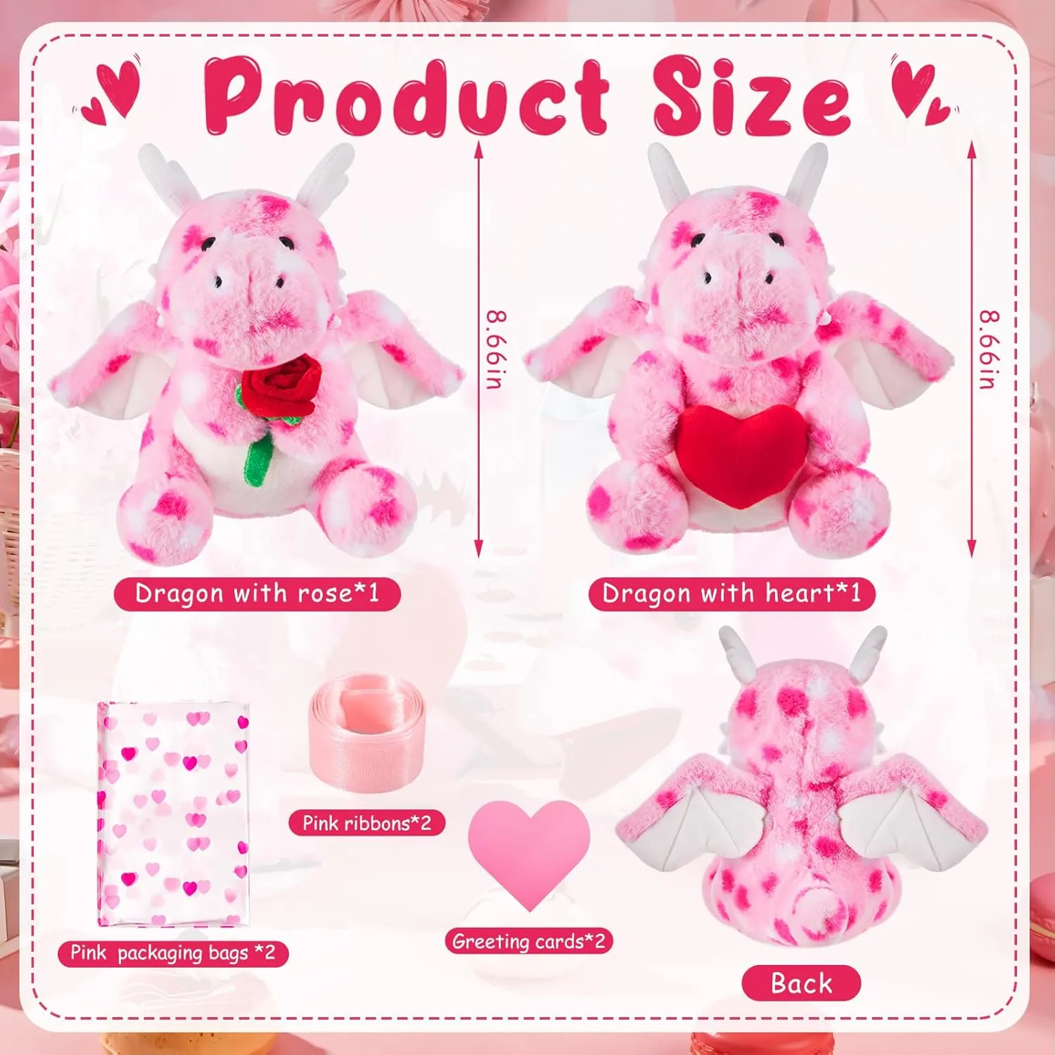 Shappy 2 Sets Large Valentines Day Plush Stuffed Animal with Heart and Rose, Cute Stuffed Animal Toys, Valentine's Day Wedding Gifts for Boys Girls Couple Mom Girlfriend(Dragon)