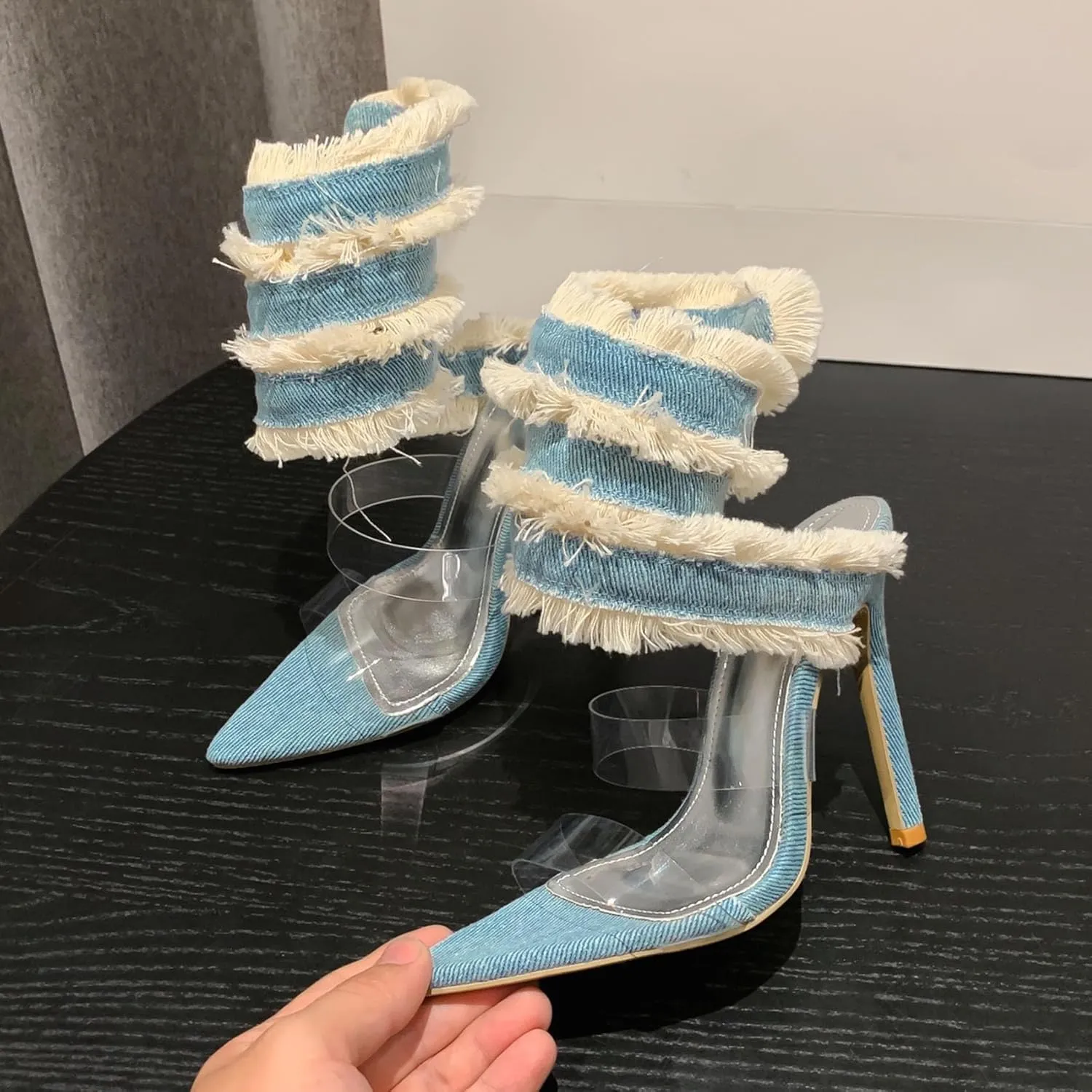 SHEMEE Chic Strappy High Heels for Women Stiletto Gladiator Sandals Embellished Butterfly Denim Tassels Fashion Show Dress Shoes