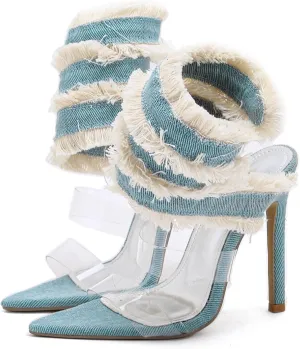 SHEMEE Chic Strappy High Heels for Women Stiletto Gladiator Sandals Embellished Butterfly Denim Tassels Fashion Show Dress Shoes