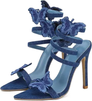 SHEMEE Chic Strappy High Heels for Women Stiletto Gladiator Sandals Embellished Butterfly Denim Tassels Fashion Show Dress Shoes